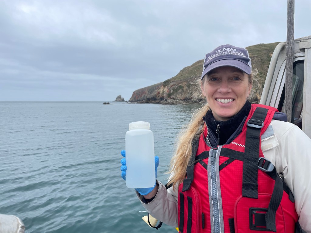 Collecting water for eDNA analysis from a boat at Point Reyes National Seashore.
